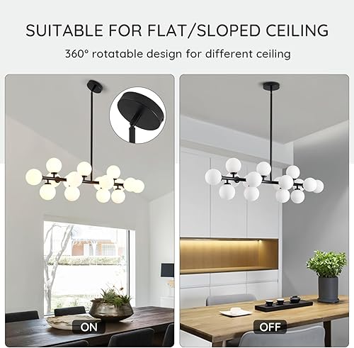 Miniatura 4 de CROSSIO Lámpara colgante moderna lineal negra con pantalla de globo de vidrio blanco lechoso Sputnik de mediados de siglo para cocina, isla de