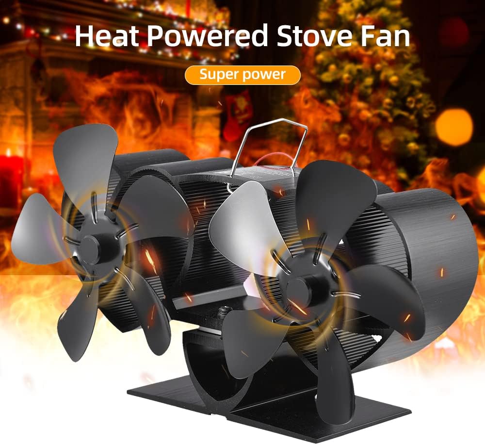 Heat Powered Stove Fan, Double Motor, 10 Blades, Aluminum Oxide, Black, Quiet Use for Wood Burning Stove, Non Electric, 9.45x5.12x3.94 Inch