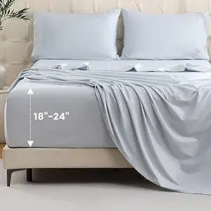 Bedlifes Queen Sheet Set, Extra Deep Pocket 18-24 Inches,1000Thread Count 100% Egyptian Cotton, Soft and Breathable Sateen 4-Piece,Light Blue