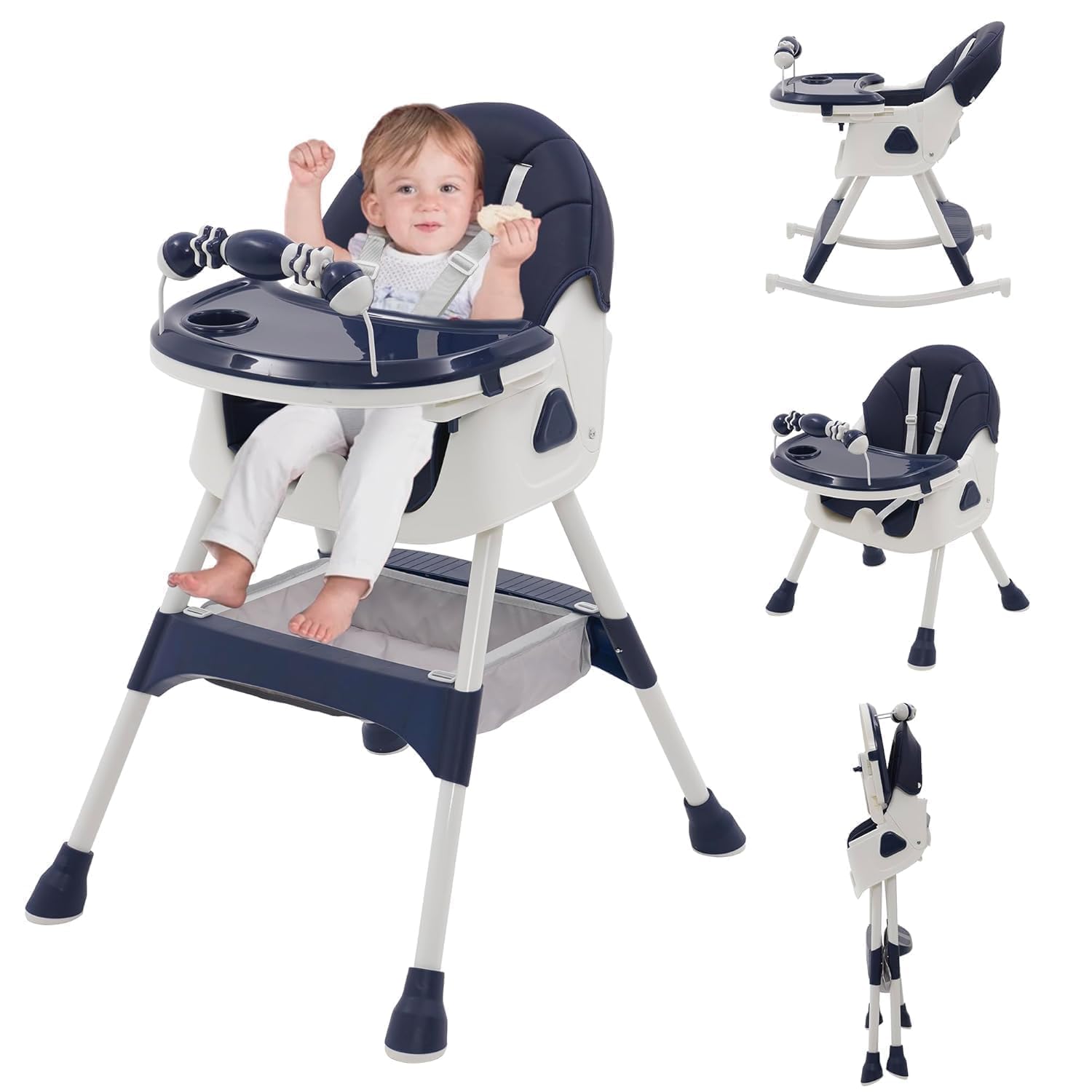 Chaise Haute Bébé 3-en-1 Évolutive Pliable – Transat Inclinable + Roues + Plateau Double