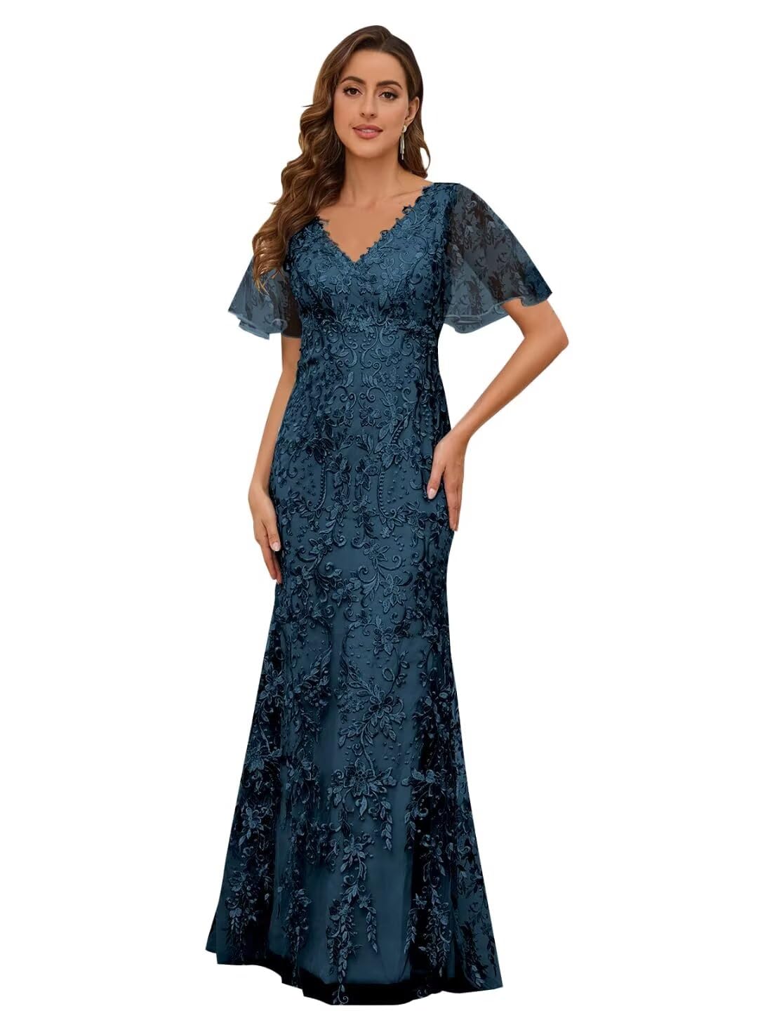 Lace Applique Tulle Mother of The Bride Dresses for Women Short Sleeve Mermaid Mother of The Groom Dresses