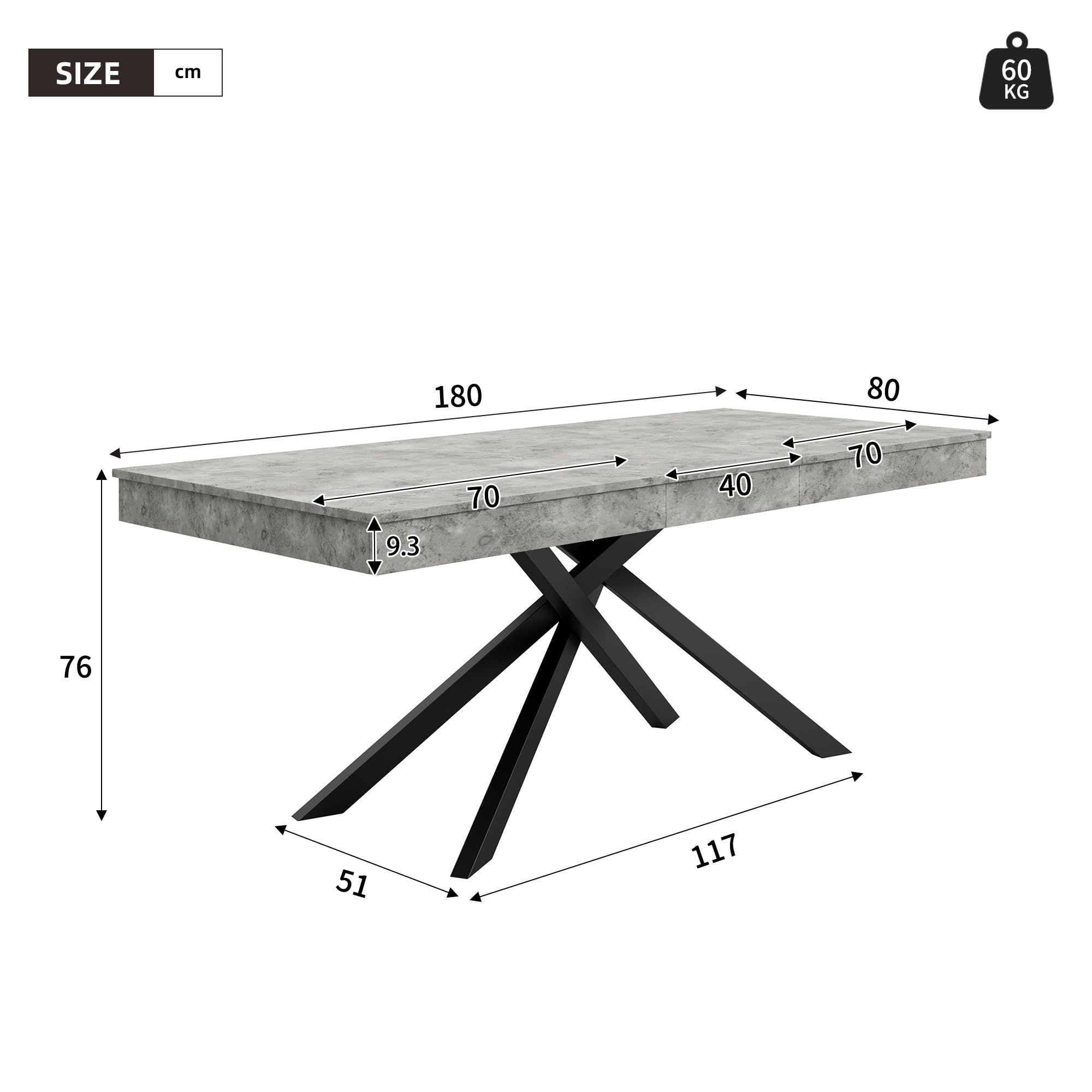 Tavolo da pranzo allungabile, 140/180 x 80 cm, adatto per 6-8 persone, forma destra, tavolo ispessito, gambe in metallo, stile semplice, tavolo per sala da pranzo, cucina, soggiorno (grigio)