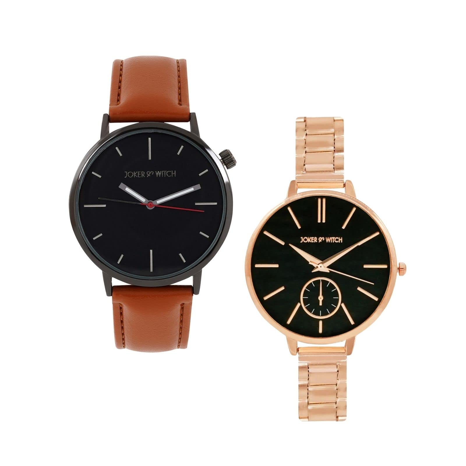 Joker & Witch Leather Dew Drop & Diamond Couple Analogue Watches, Black Dial, Brown Band (B0BVB55DDR) Amazon Price History, Amazon Price Tracker