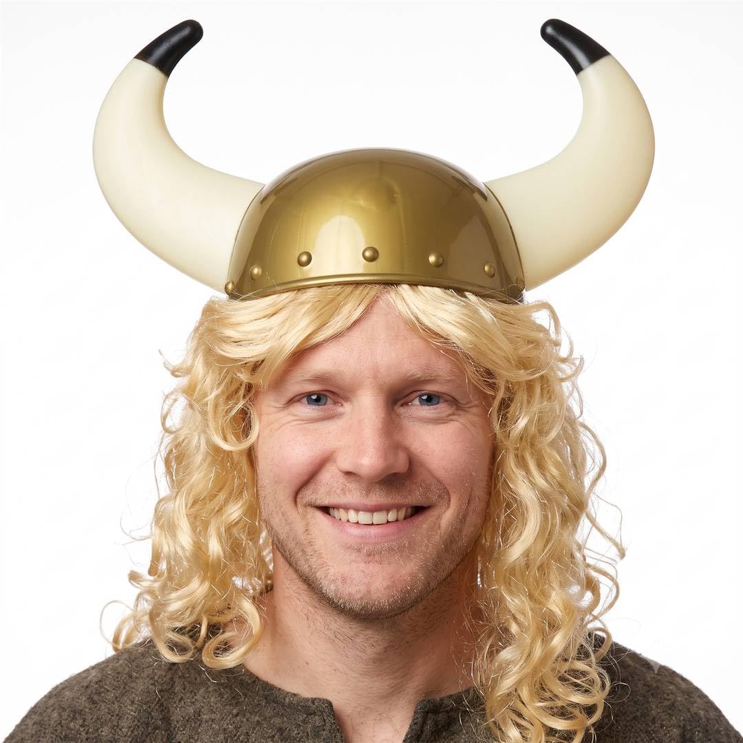 Norway Football Player Gold Viking Helmet with Attached Blonde Wig - Adult Unisex Horned Fancy Dress Hat - Novelty Norway Football Supporter Haaland for World Cup Match Day, Stag Do & Halloween
