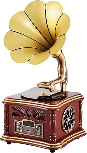 Vintage Retro Phonograph Altavoz Gramófono Altavoz Dual Tipo C Carga HiFi Sonido para Teléfonos Móviles