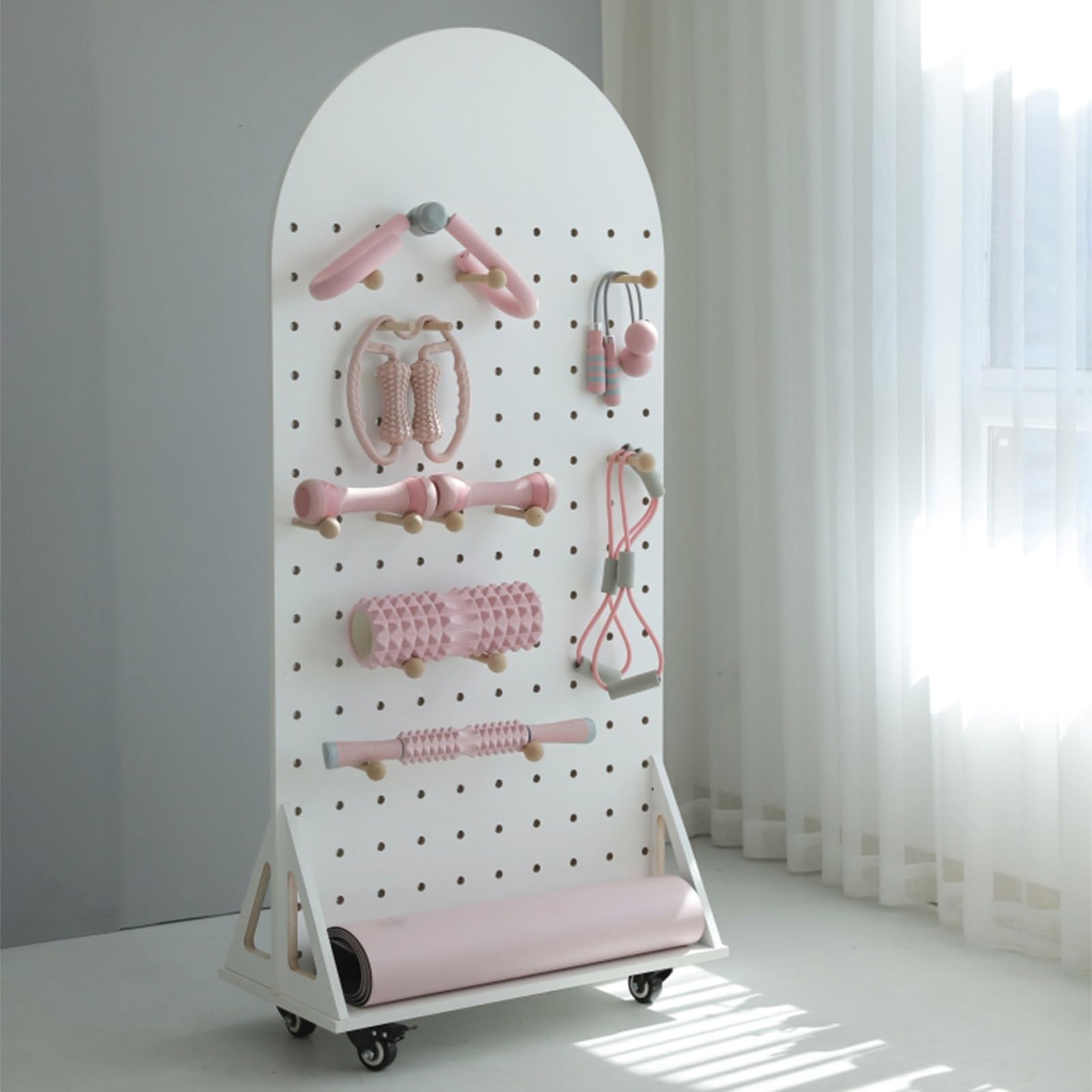 Soporte para Esterilla de Yoga de Madera Natural con Ruedas, Soporte para Esterilla de Yoga para Mancuernas, Rodillos de Espuma, Pesas Rusas, Correa de Yoga, decoración de Gimnasio en casa/a