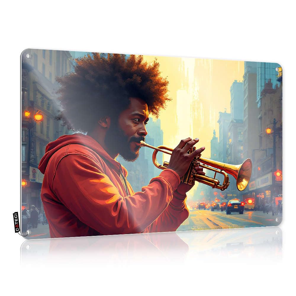Tin Metal Sign Framed Ready To Hang - A Man Plays Trumpet In A Futuristic Cityscape. Gift For Fisherman For Hallway(30X40CM)