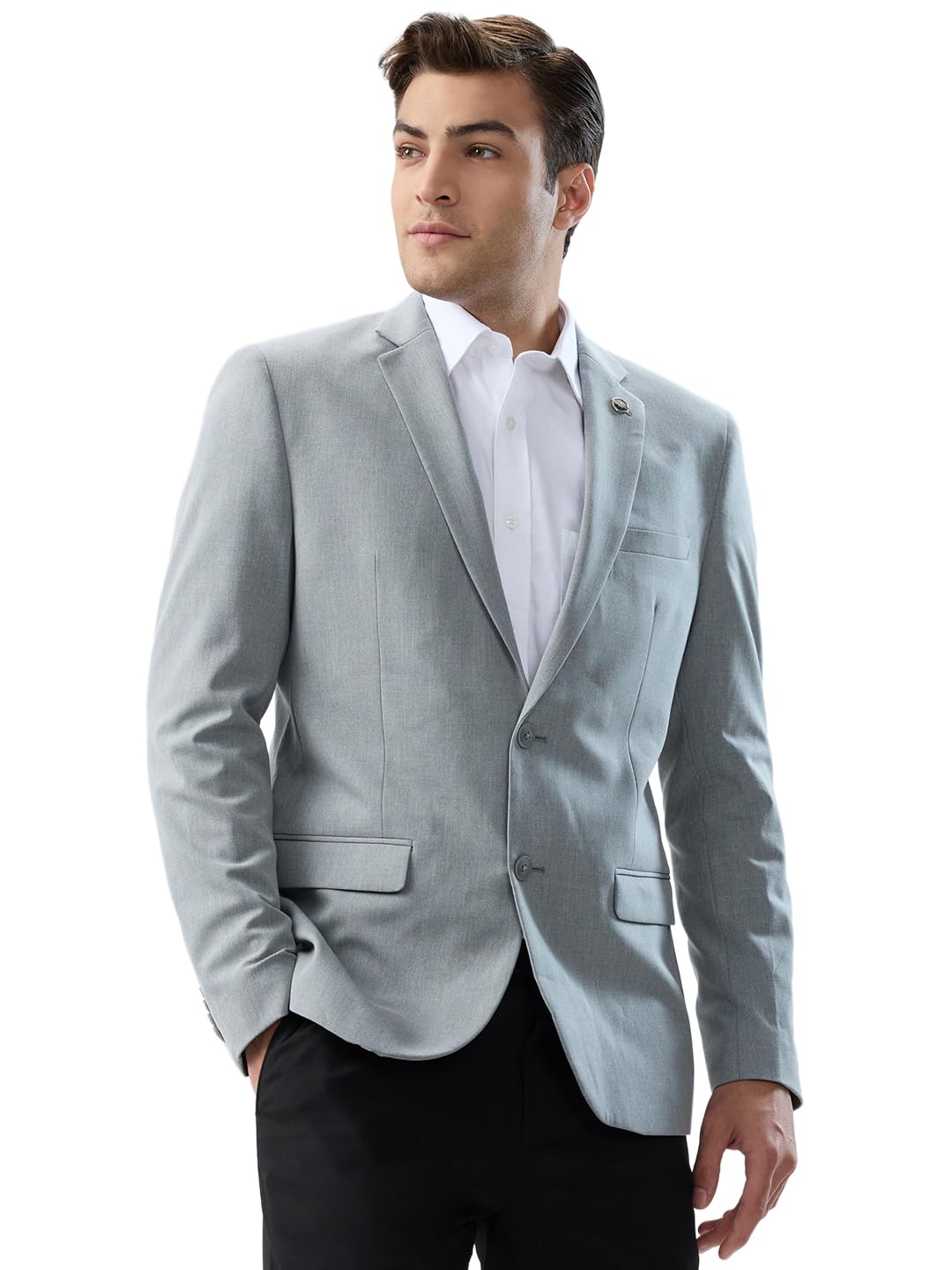 Men Slim Fit Solid Pattern Terelyne Rayon Spandex Blend Notch Lapel Full Sleeve Formal Blazer Medium Grey-image-14