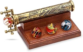 Brass Kaleidoscope | Vintage Antique Etched Brass Design | Interchangeable Marble Scope | Includes Wooden Display Stand | 8x3x3 Inches | Perfect for Collectors, Home Decor & Nautical Gift