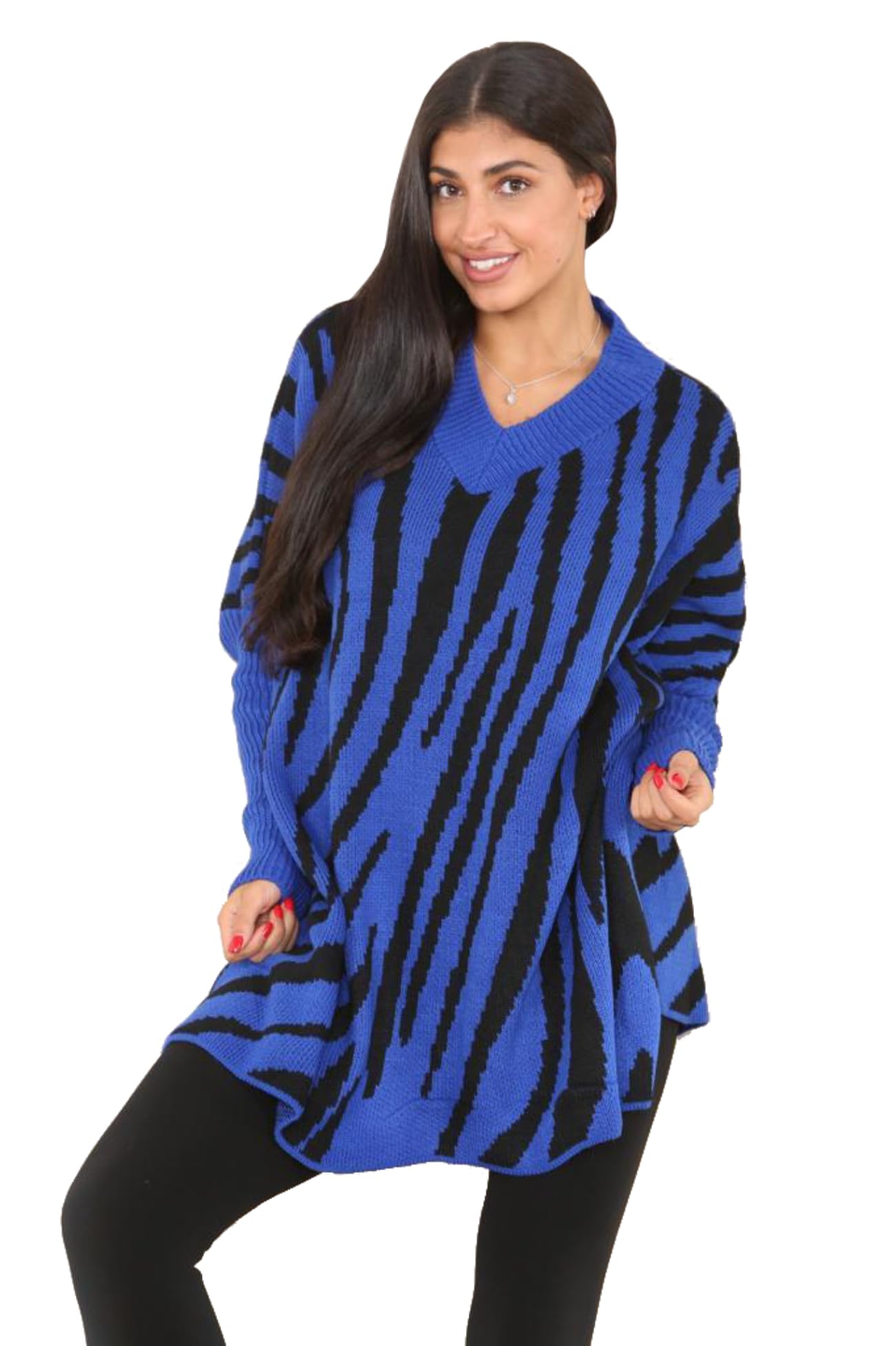 Real Life Fashion Ltd Women's Royal Blue Long Sleeve Jumper Zebra Stripes Knitted Sweater Loose Fit Sweatshirt Top Plus Size Tunics Loungewear Pullover Baggy Shirt Winter Warm Printed Top ( Uk 24-26)