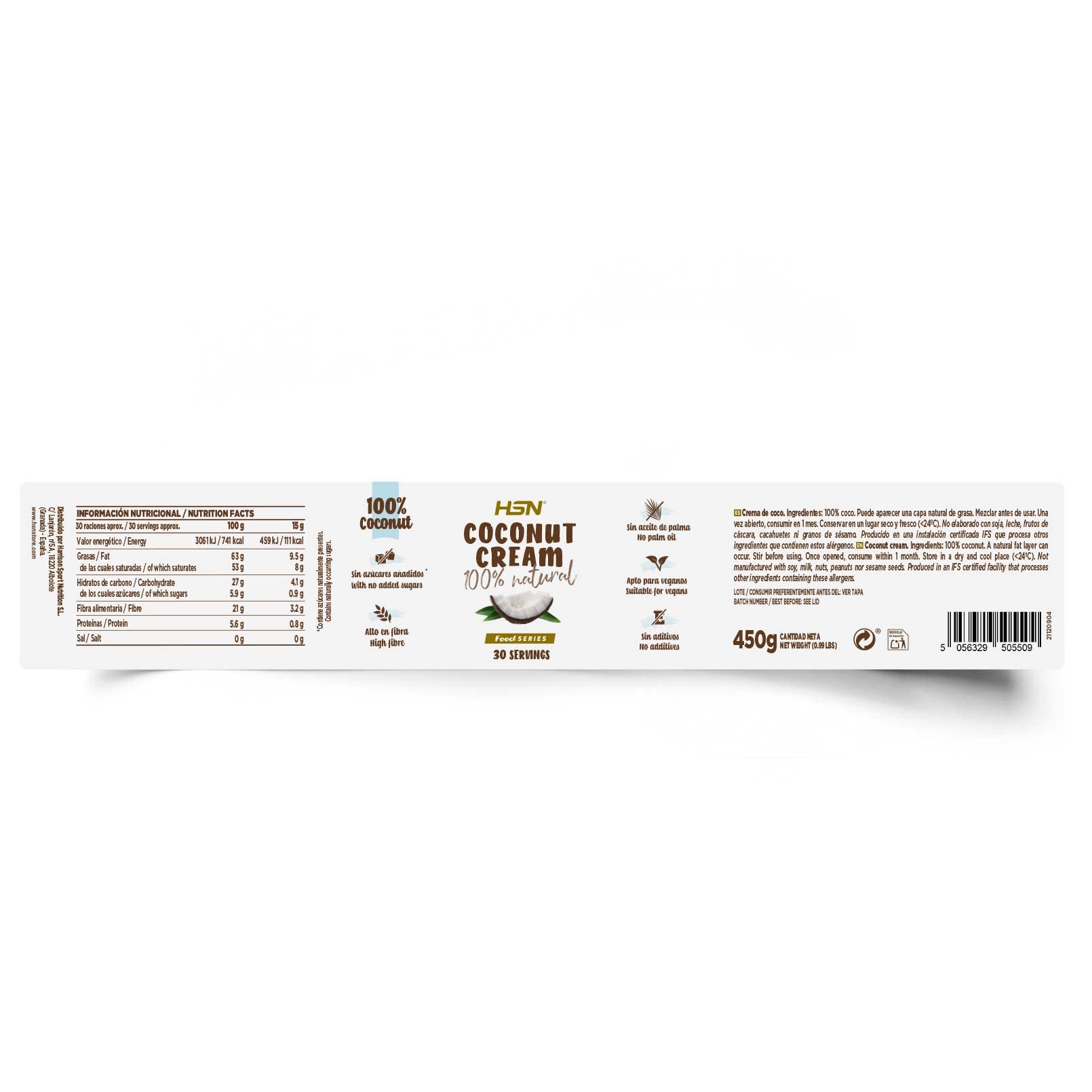 Crème de Noix de Coco de HSN| Coconut Cream 100% Naturelle | Prête à Étaler | Sans Huile de Palme ni Sucres Ajoutés | Non-OGM, Végétalien, Sans Lactose | 500 gr