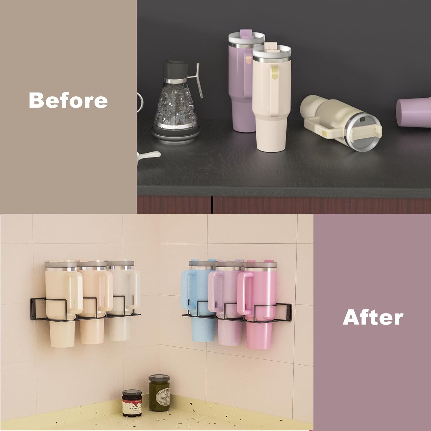 Water Bottle Holder for Stanley 30&40oz Tumbler,2 Pack Carbon Steel Metal Sturdy Cup Organizer,Stanley Cup Holder for Refrigerator,Heavy Duty Hanging Wall Mount for Pantry, Kitchen,Office Accessory - Image 5