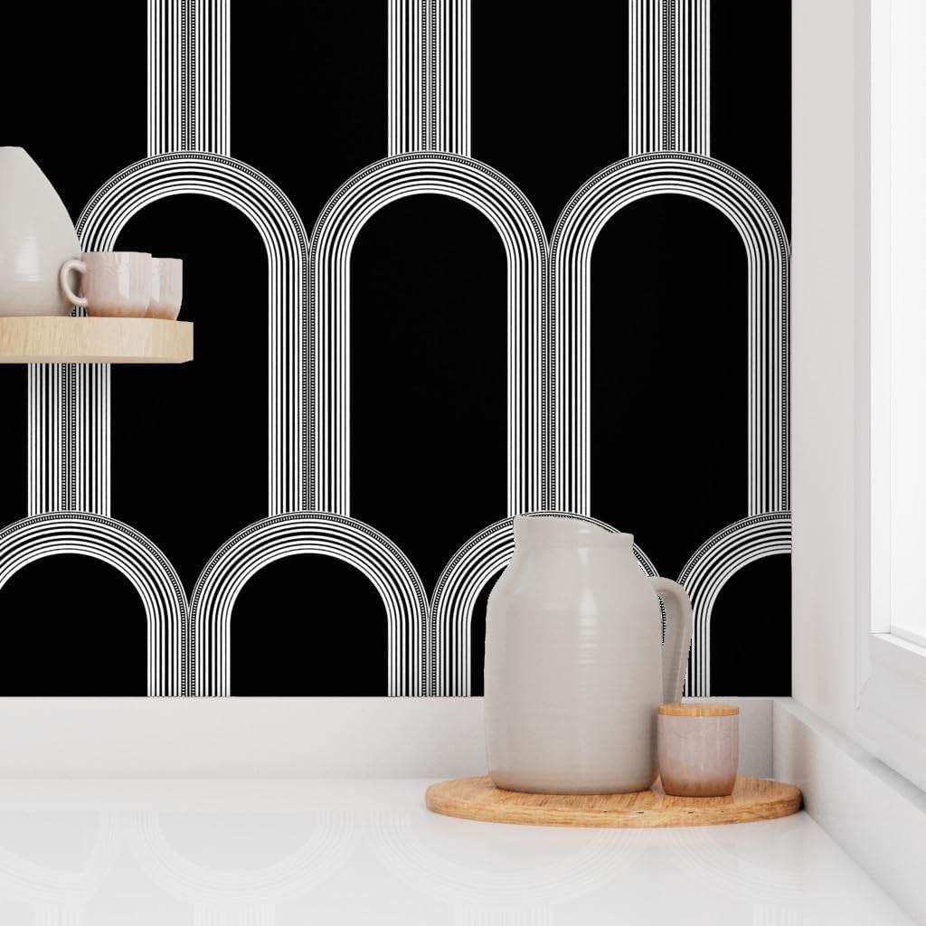 Peel & Stick Wallpaper 3ft x 2ft - Art Deco Black White Scallop Architecture Custom Removable Wallpaper by Spoonflower