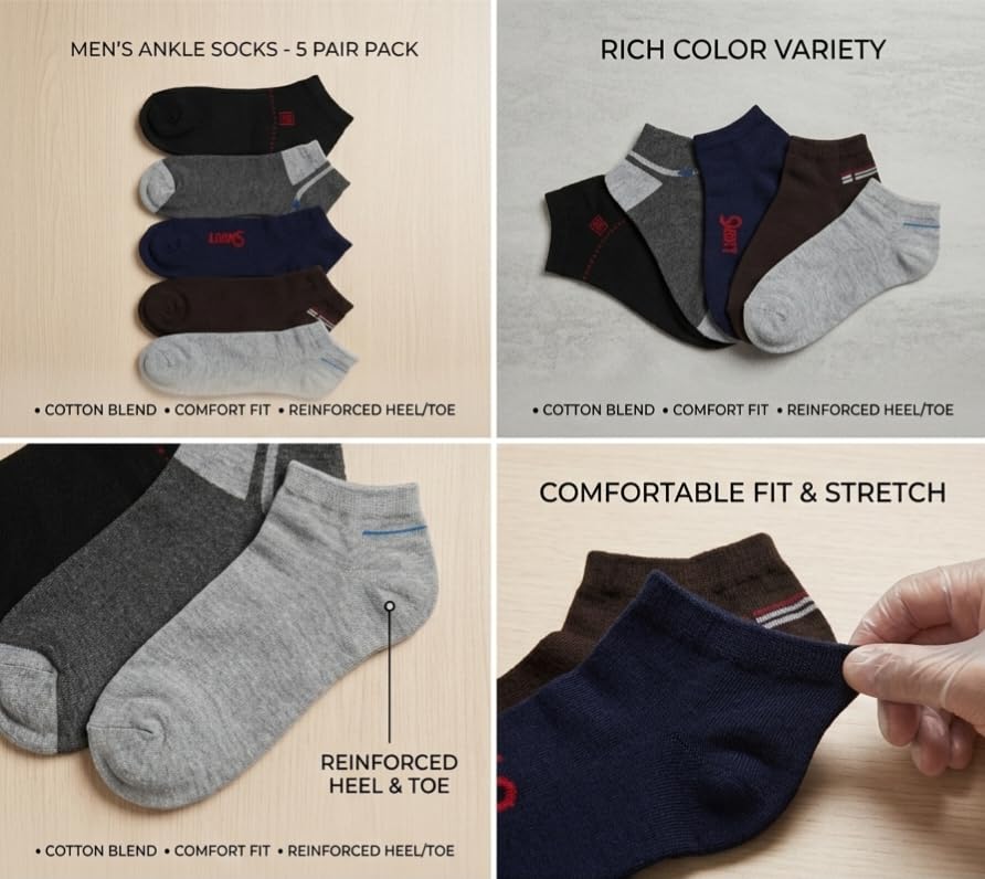 Image of Men's Pure Cotton Ankle Socks, Multicolor, 100% Pure Cotton, Free Size, Pack of 5 Pairs, Casual Sporty Style