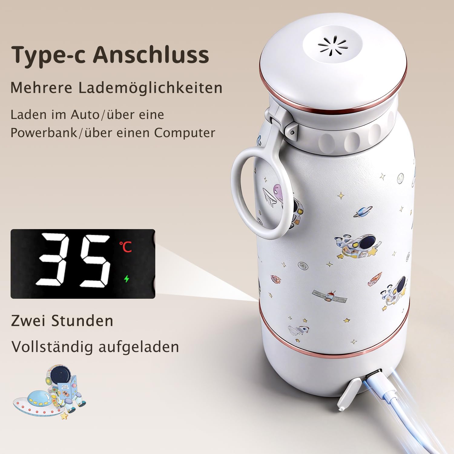 Tragbarer Flaschenwärmer Baby Unterwegs, Baby Erstausstattung Neugeborene | 500ml, 2 Min Aufheizzeit, 18000 mAh, 2H Ricarica rapida, Lang anhaltende Wärmespeicherung 24h, Reise Wasserkocher