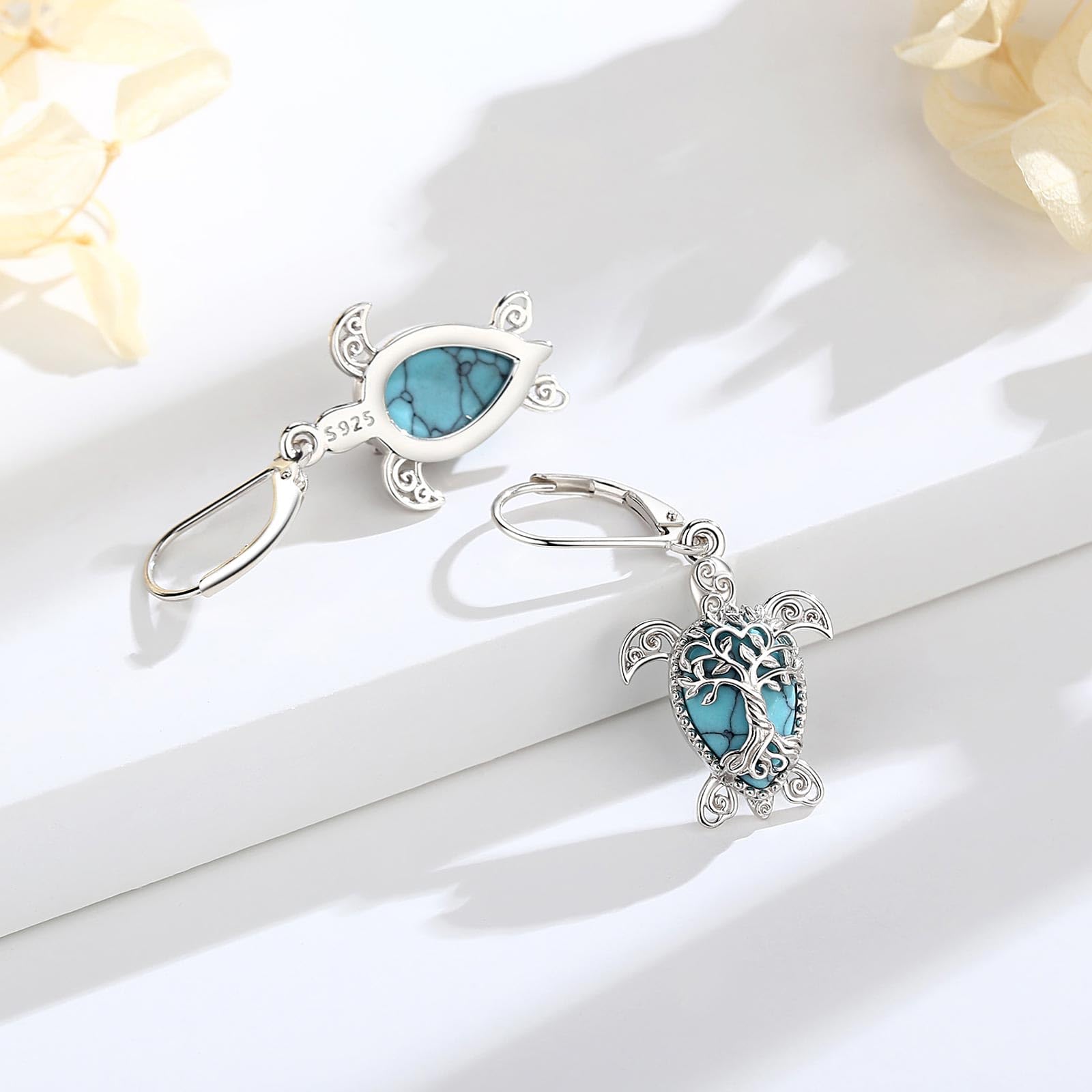Sterling Silber 925 Lebensbaum Türkis Mondstein/Schneeflocke/Vintage Schlange Mond/Sonnenblume/Niedlich Ozean Hochlandkuh Ohrringe Schmuck Ohrstecker Geschenk für Damen Frauen