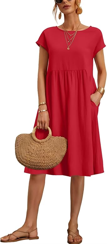 Womens Summer Cotton Short Sleeve Dress Pleated Crew Neck Loose Casual Comfy Flowy Maxi Tunic Beach Dress with Pockets