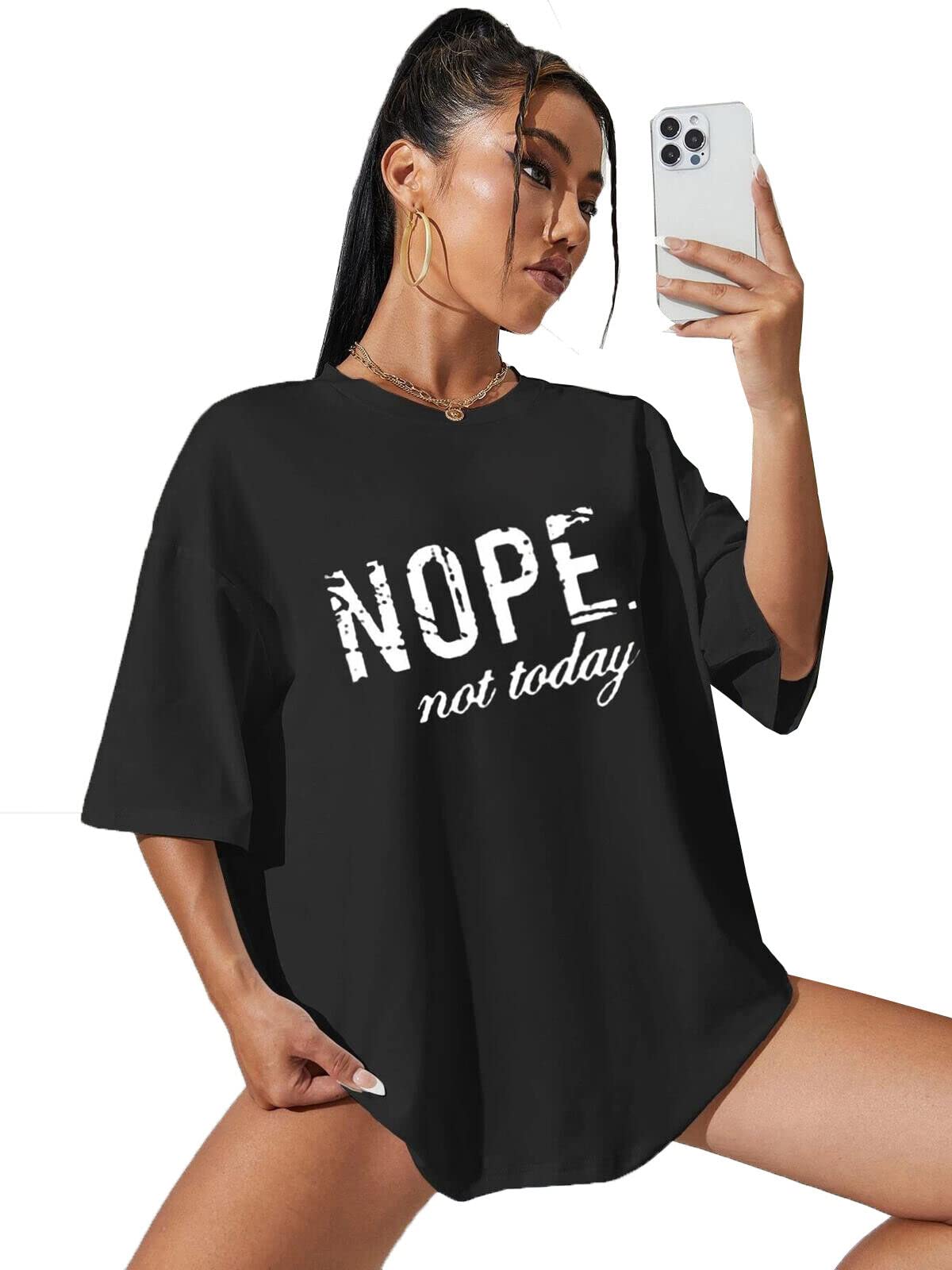 Women's Slogan Print Oversize T-Shirt - Ladies Short Sleeve Printed Oversized Stretchy Casual Summer Shirt Tee Top Plus Size 8-18