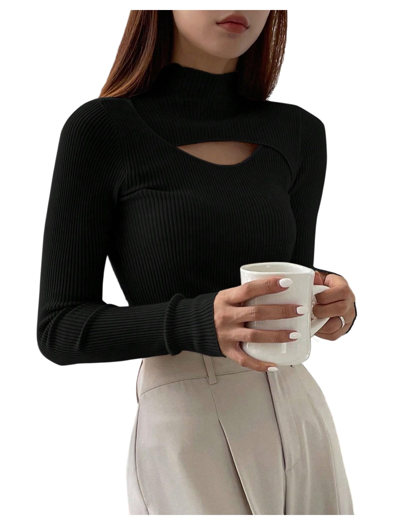 SHENHE Womens Mock Neck Ribbed Knit Sweater Cut Out Fitted Lightweight Fall Sweater Jumper