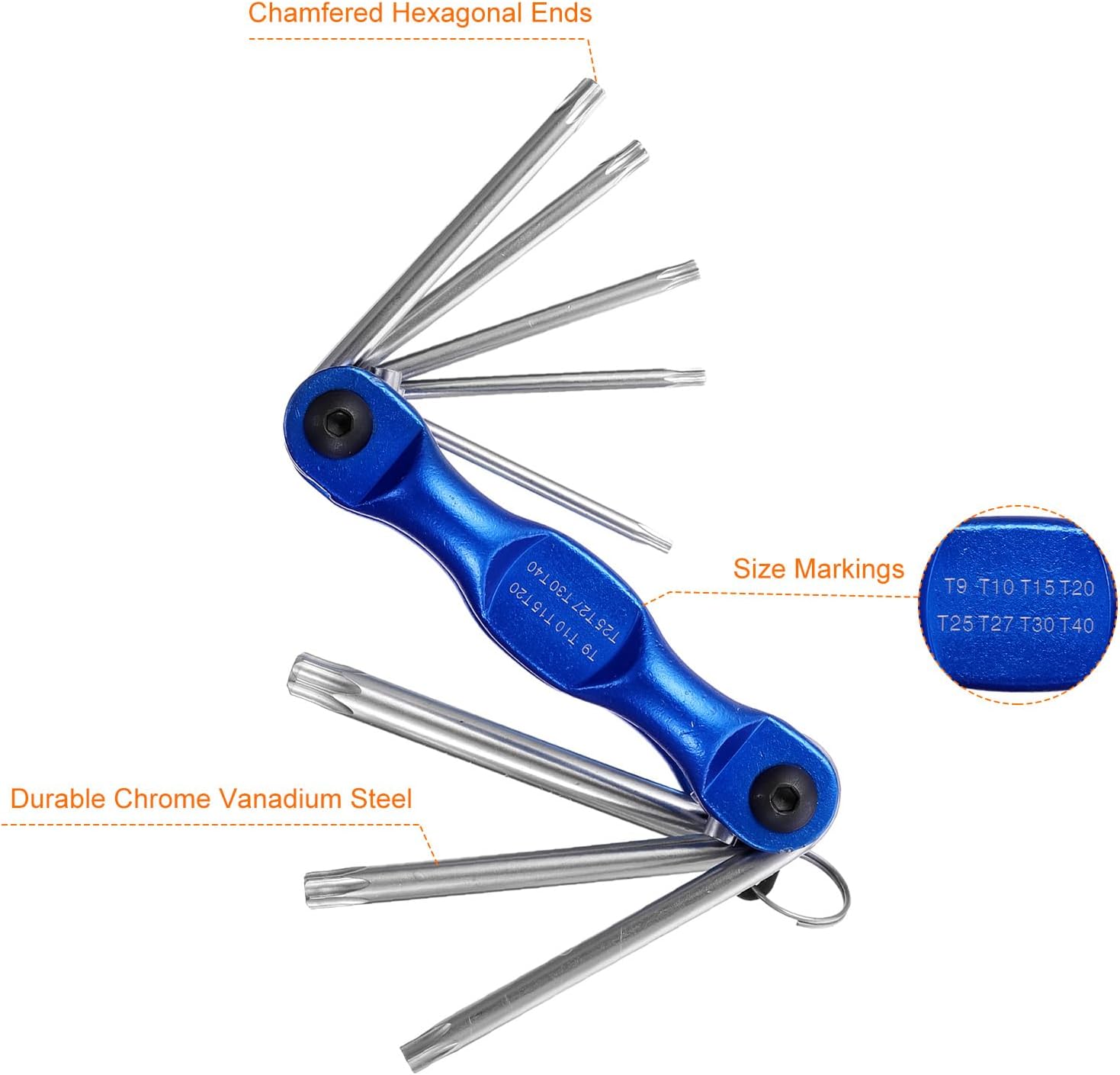 HARFINGTON 8pcs Folding Hex Key Wrench T9-T40 Torx Star CR-V Steel Portable Fold-up Wrenches with Aluminum Alloy Handle for Basic Home Repair