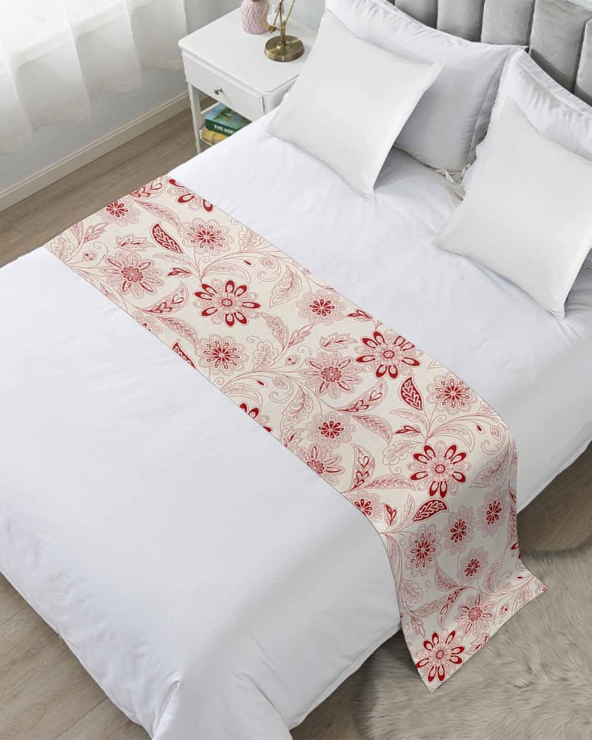 Red Flowers Bed Runner Scarf King Size, Retro Botanical Pastoral Leaved Farm Luxury Bed Throw Runners & Scarves for Twin Full Queen King Foot of Bed, Bedroom Hotel Wedding Room Decoration, 94"x20"