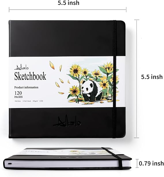 ALKALO Square Sketchbook for Drawing, 120 Pages Sketch Book, 122LB/180GSM Thick Paper, Mixed Media Sketchbook for Charcoal Pencil, Inks Pen, Colored Pencil, Acrylic Marker, Oil Pastel