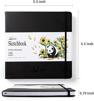 ALKALO Square Sketchbook for Drawing, 120 Pages Sketch Book, 122LB/180GSM Thick Paper, Mixed Media Sketchbook for Charcoal Pencil, Inks Pen, Colored Pencil, Acrylic Marker, Oil Pastel