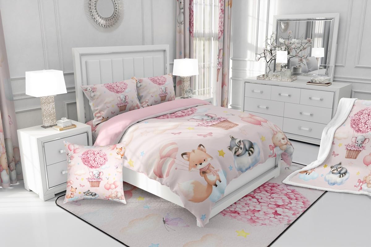 Homewish Urocze zwierzęta poszewka na kołdrę super królewska, różowy balon na gorące powietrze zestaw pościeli dla dzieci dziewcząt, kreskówka słoń lis niedźwiedź zestaw poszewek na kołdrę, urocze