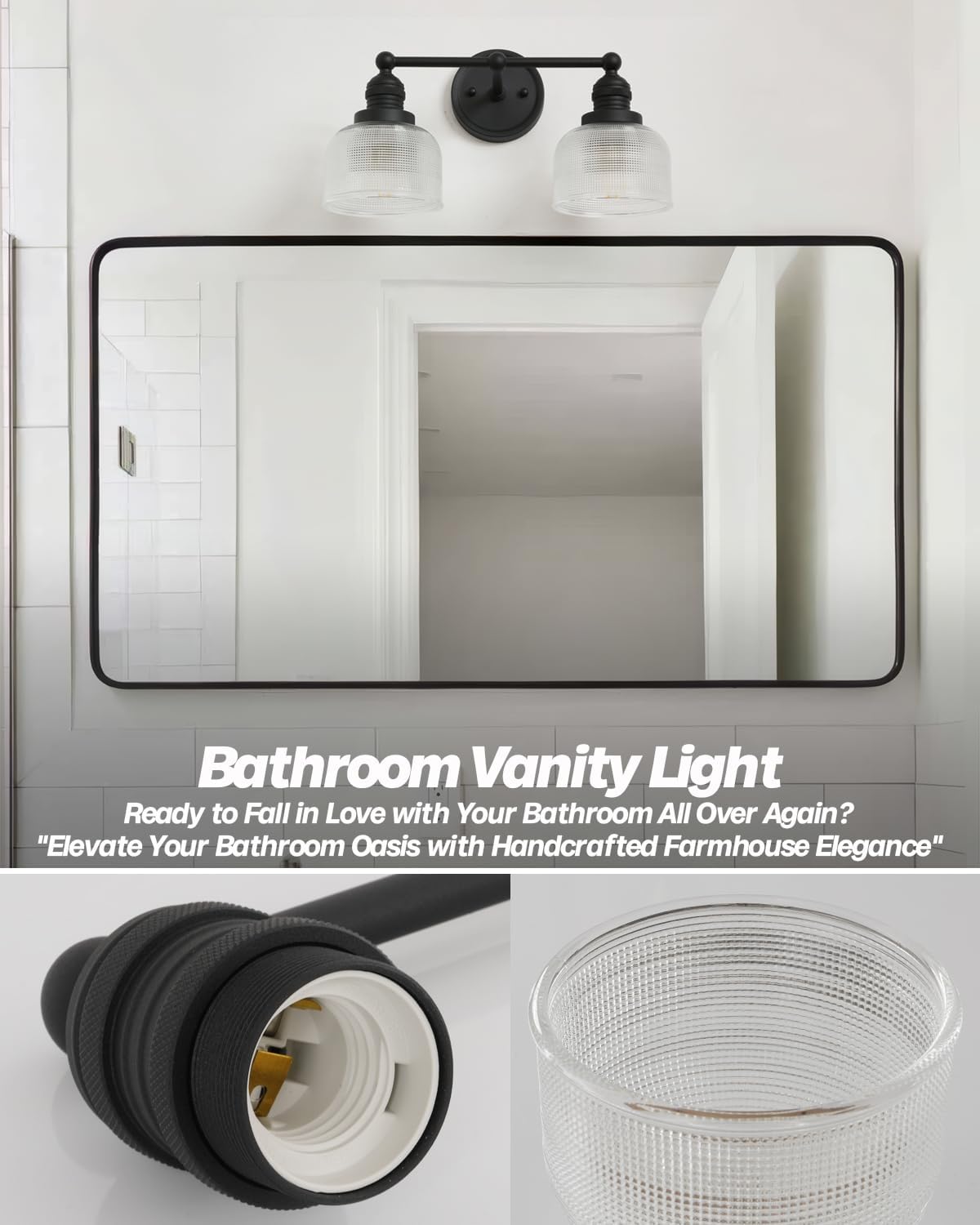 2-Light Vintage Wall Sconces,Double Black Bathroom Vanity Light with Clear Corrugated Glass Shade Hardwire Indoor Wall Sconce Lights Lamp for Bathroom Mirror Living Room Bedroom Kitchen