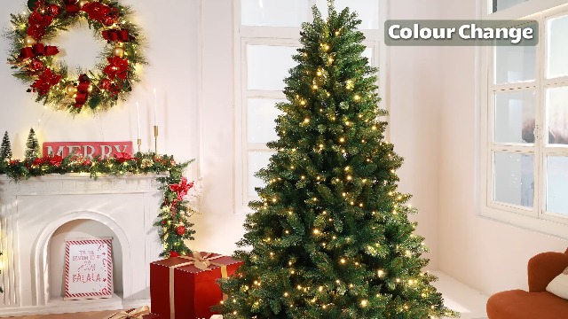 Sapin De Noël Artificiel 180cm Pré-éclairé - 350 Lumières LED, 12 Modes, 1322 Branches, Support Métal
