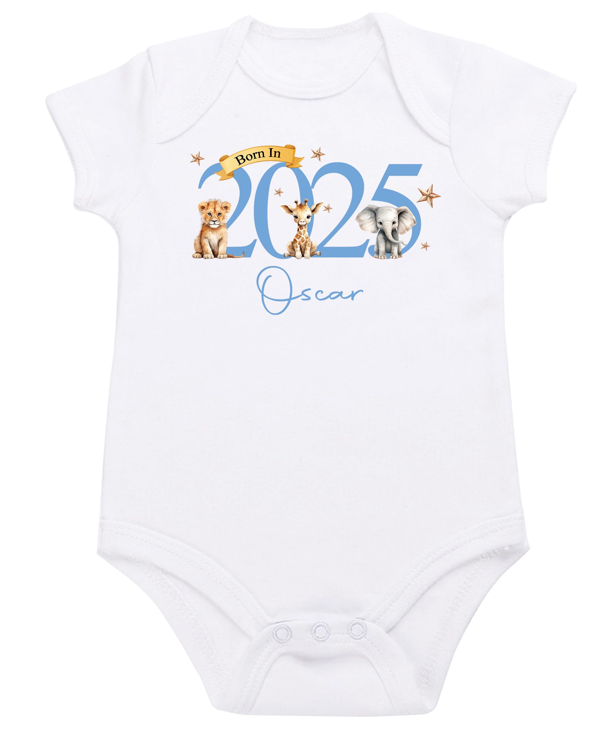 Personalised Baby Born in 2025 Bodysuit Vest (0-3 Months, Blue Safari)