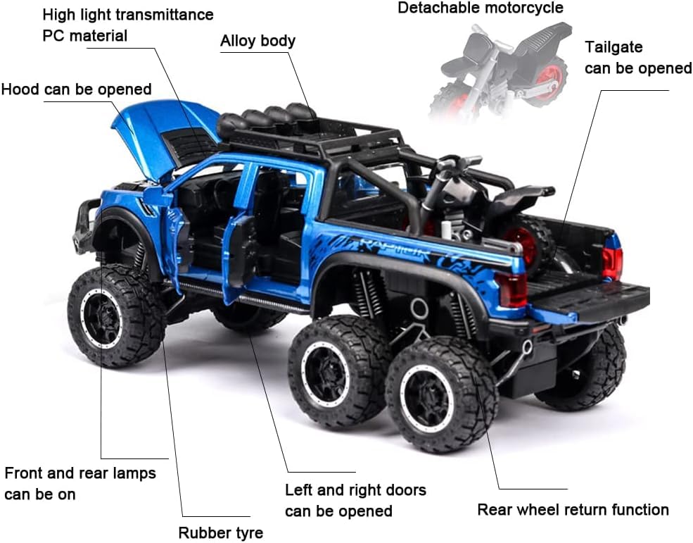 Image of DEOXY 1:24 F-150 Raptor CZ24 Diecast Metal 6x6 Off-Road Wheel Model Car with Sound and Light for Kids Age 3 Year and up (Multicolour)