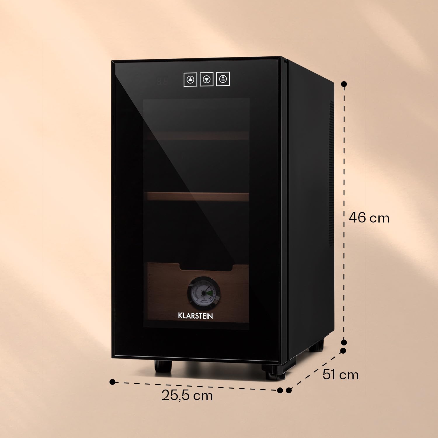 Klarstein El Presidente Zigarren-Humidor - thermoelektrisch, Glastür, freistehend, Einschübe und Schublade aus Zedernholz, Hygrometer, LED-Innenbeleuchtung, 23 Liter, schwarz