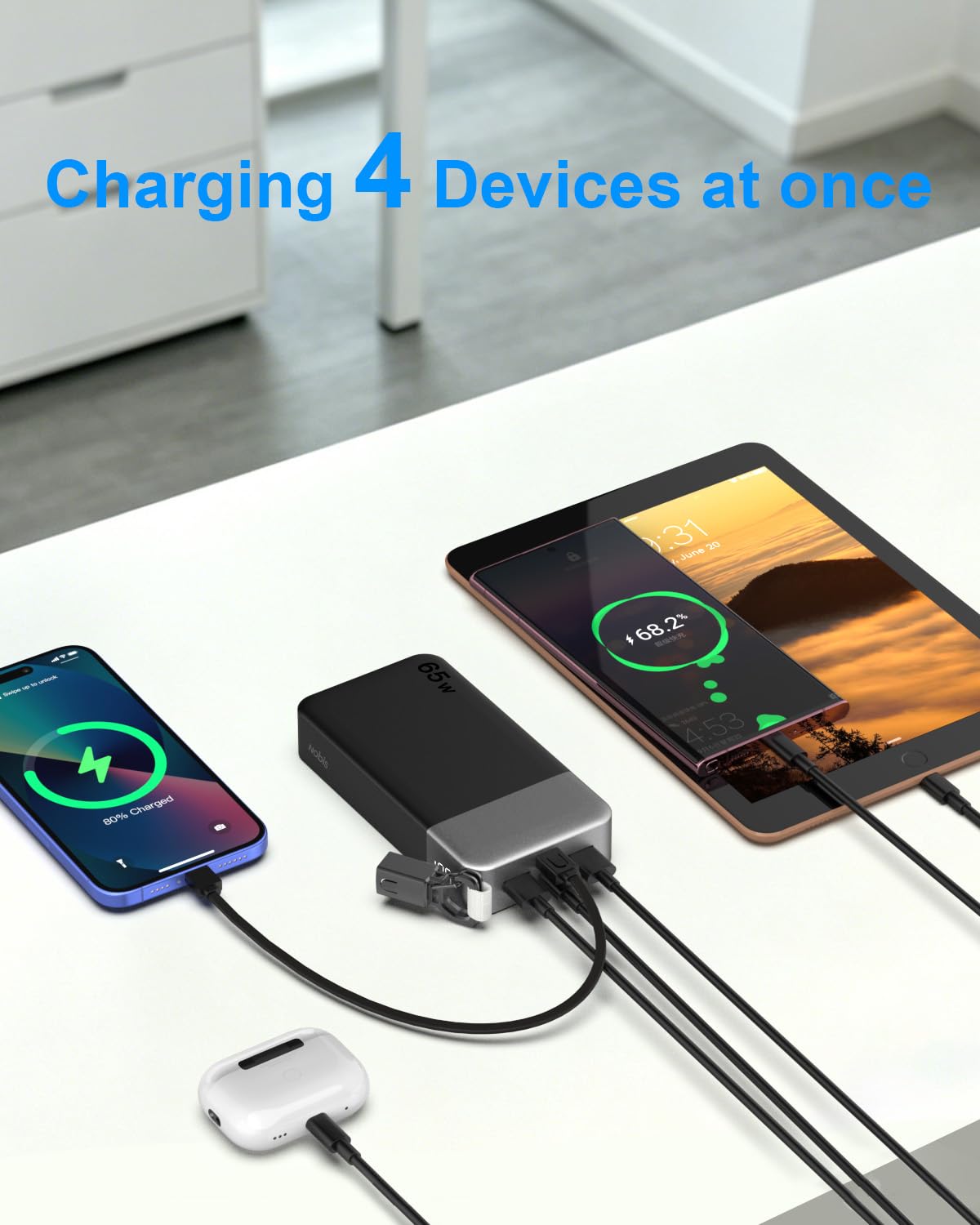 NOBIS Batterie Externe 65W 20 000 mAh Charge Rapide Câble USB-C Intégré