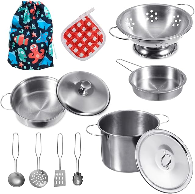 Kids Play Kitchen Accessories with Pots and Pans Playset,Mini Stainless Steel Kitchen Pretend Play Toys,Cooking Utensils with Storage bag for Girls Boys