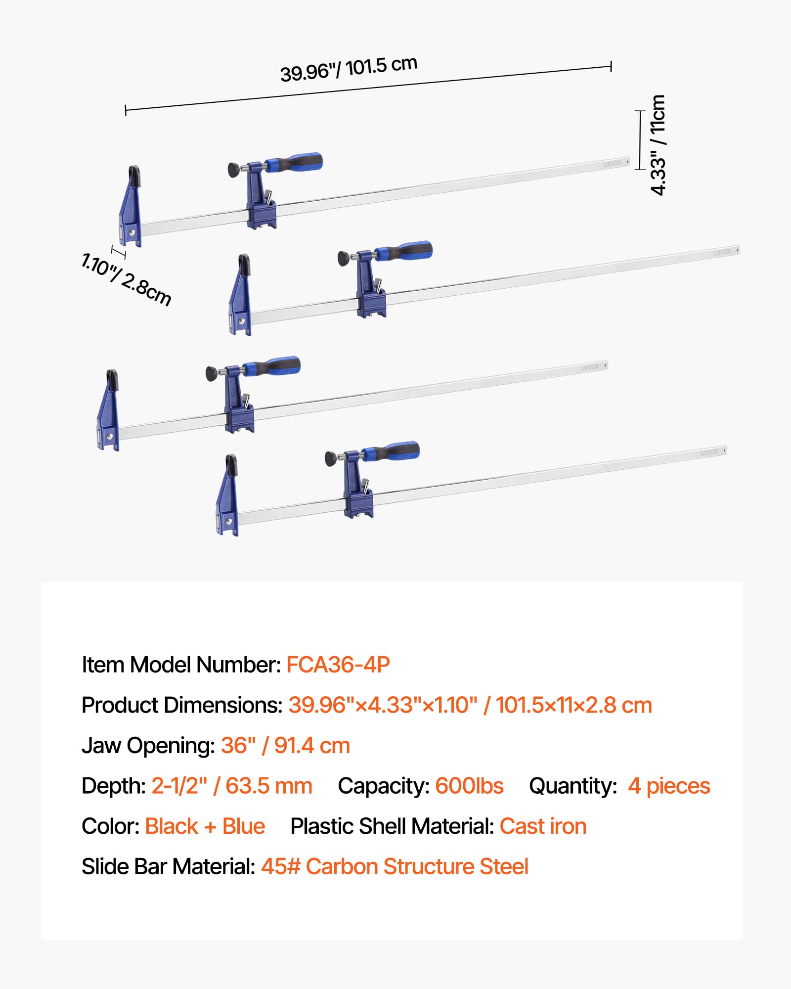 VEVOR Serre-Joints Verrouillable 4PCs Ouverture de la Mâchoire 91,4 cm, Pince Écarteur en F Capacité Max. 272 kg, Profondeur 6,35 cm, en Fonte et Acier au Carbone, Facile à Utiliser, pour Menuisier