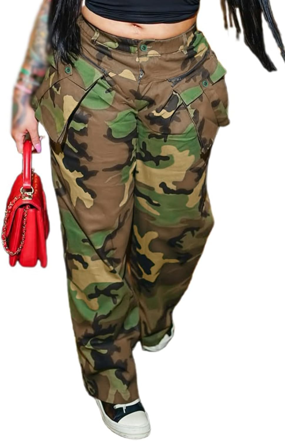 Camo Pants Women High Waist Camouflage Cargo Pants Wide Leg Jogger Sweatpants Trousers with Pockets