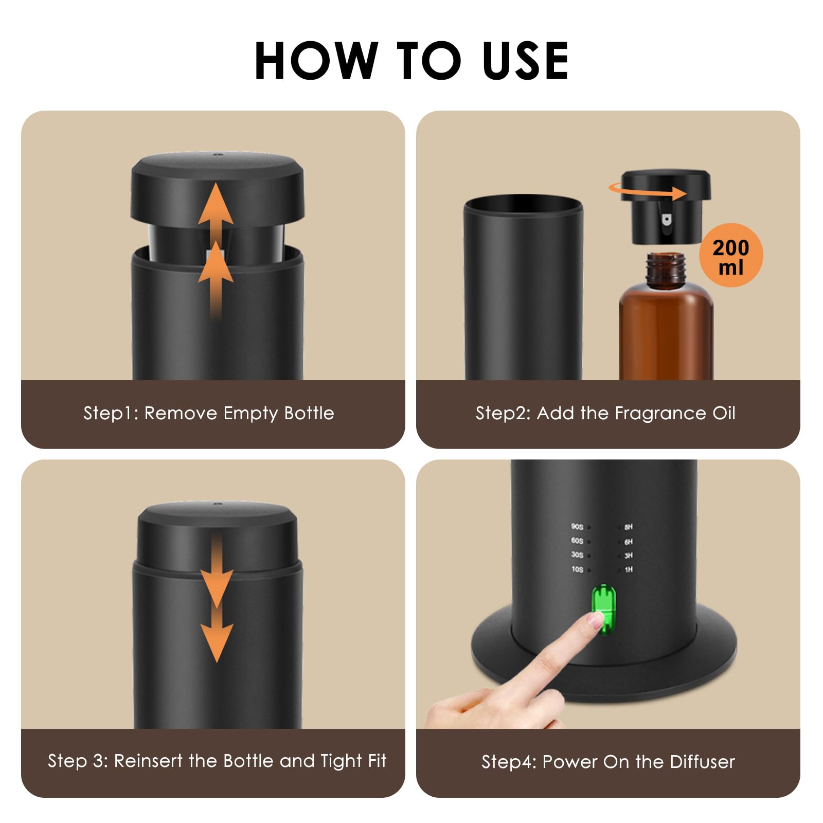 Difusor de aceites Esenciales sin Agua para hoteles, Casas Enteras, Habitaciones Grandes, oficinas, hogar, 200 ml, Gran Capacidad, Alcance de 135 m². (Negro)