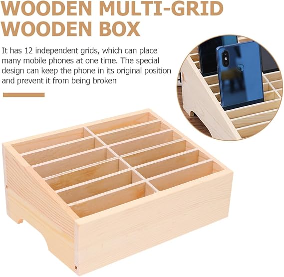 Wooden Phone Storage Box 12 Grid Desktop Phone Organizer Grid Mobile Holder for Temporary Storage and Display Office Desk Accessory for Classroom Meeting Room Shop