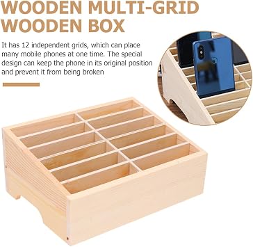 Wooden Phone Storage Box 12 Grid Desktop Phone Organizer Grid Mobile Holder for Temporary Storage and Display Office Desk Accessory for Classroom Meeting Room Shop