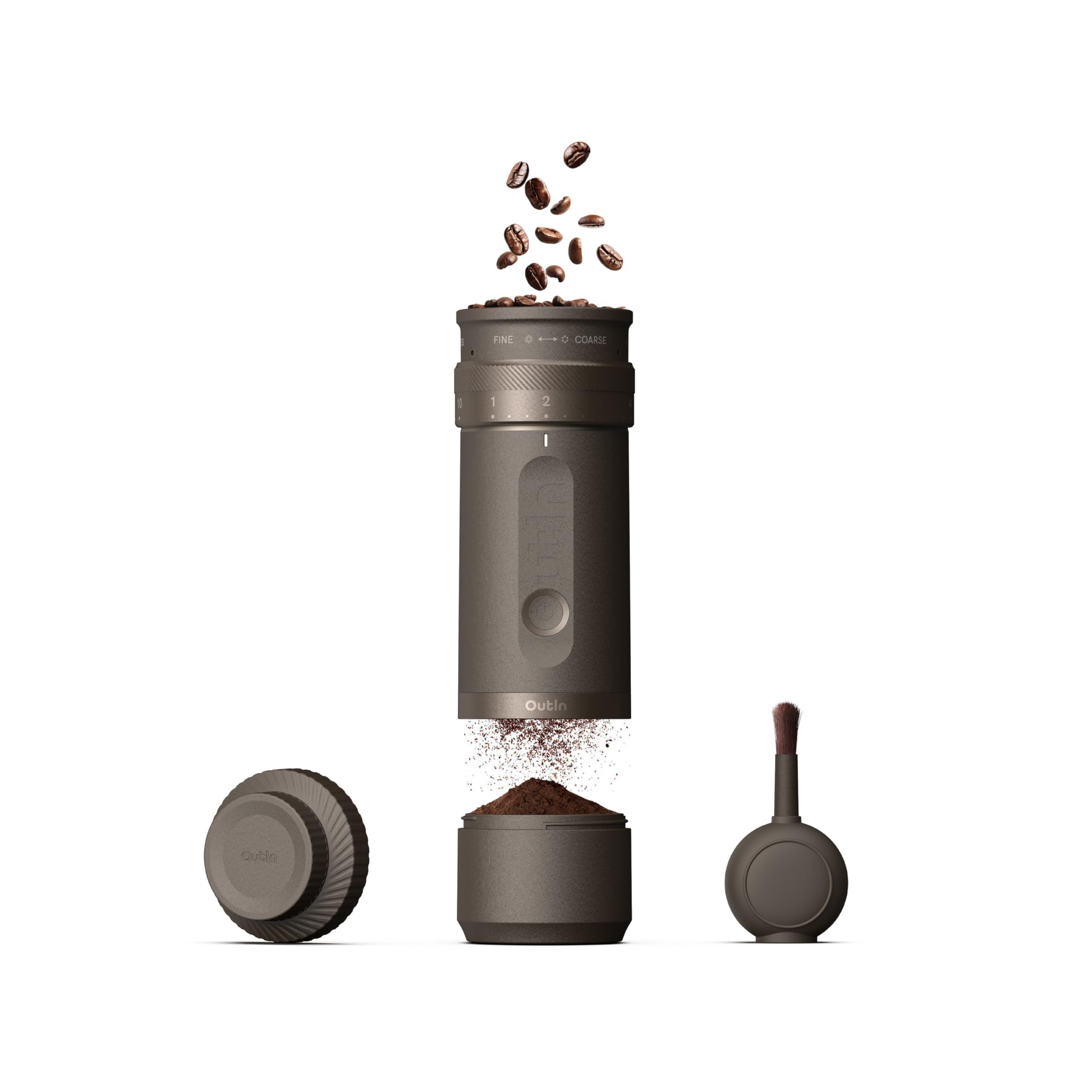 OutIn Fino Molinillo de Café Eléctrico, 28 Ajustes Precisos | Molinillo regulable para granos, molienda one-touch, carga rápida, parada automática y anti-atascos, Tundra Brown