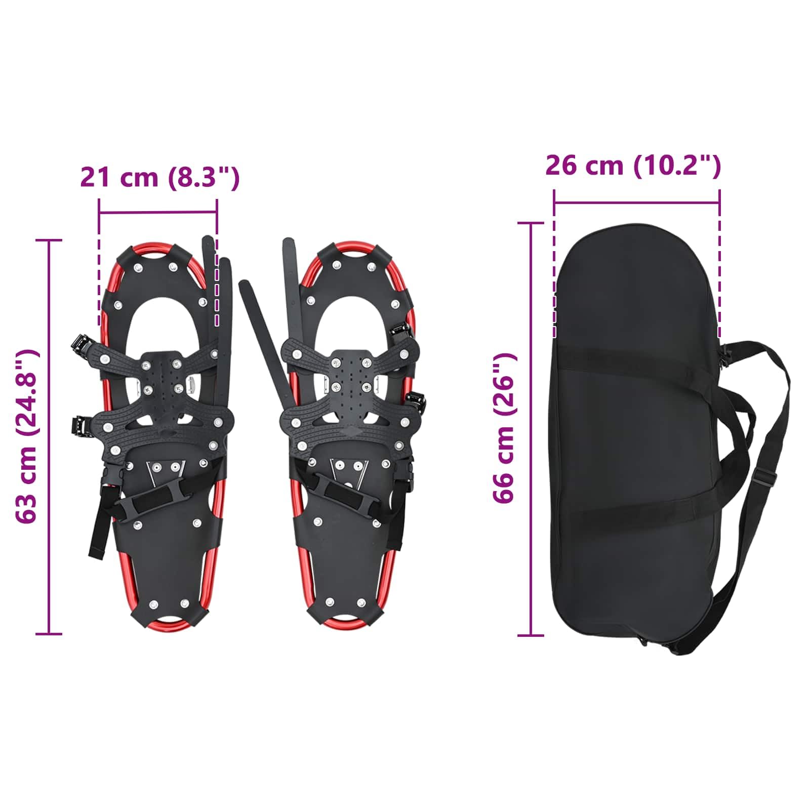 vidaXL Ciaspole 3 in 1 Rosso e Nero 63 x 21 cm Alluminio e HDPE, Ciaspole in alluminio per il giardino, attrezzatura outdoor regolabile, accessori moderni per camminare sulla neve