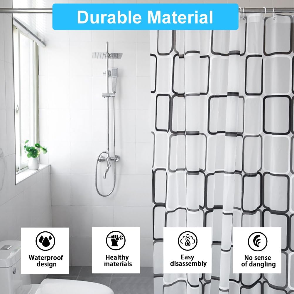 SUJAYU Shower Curtain Liner with 12 Plastic Hooks, 72x72 Inch Plastic Shower Curtain Liner for Shower Stall & Bathtubs, Bathroom Curtains Shower Curtain and Liner Set (Black Grid)
