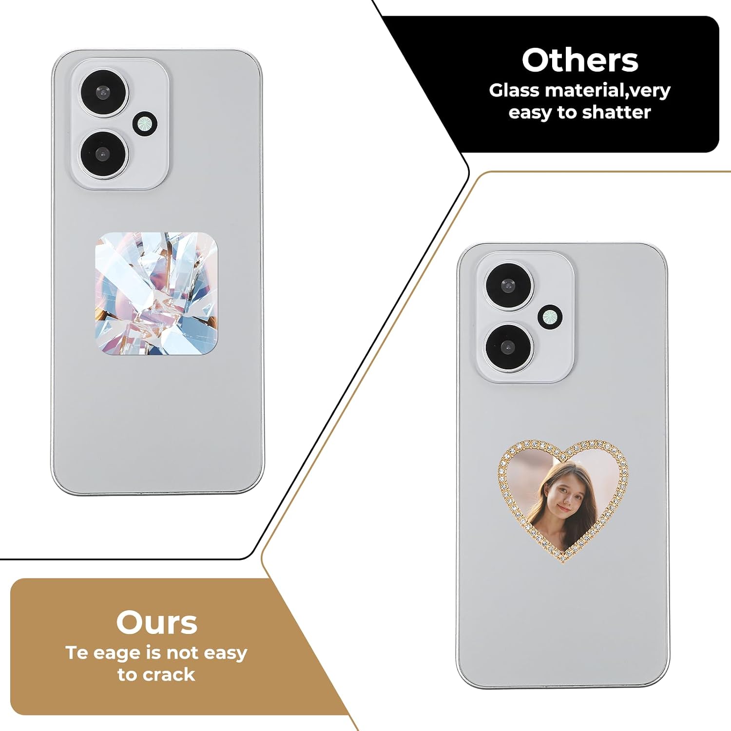 Larrel Heart Shape Phone Mirror, 2 Pcs Portable Mirror for Phone Case with Rhinestones, Convenient Makeup Cell Phones Mirrors for Smartphone Case Decoration(Gold, Silver)