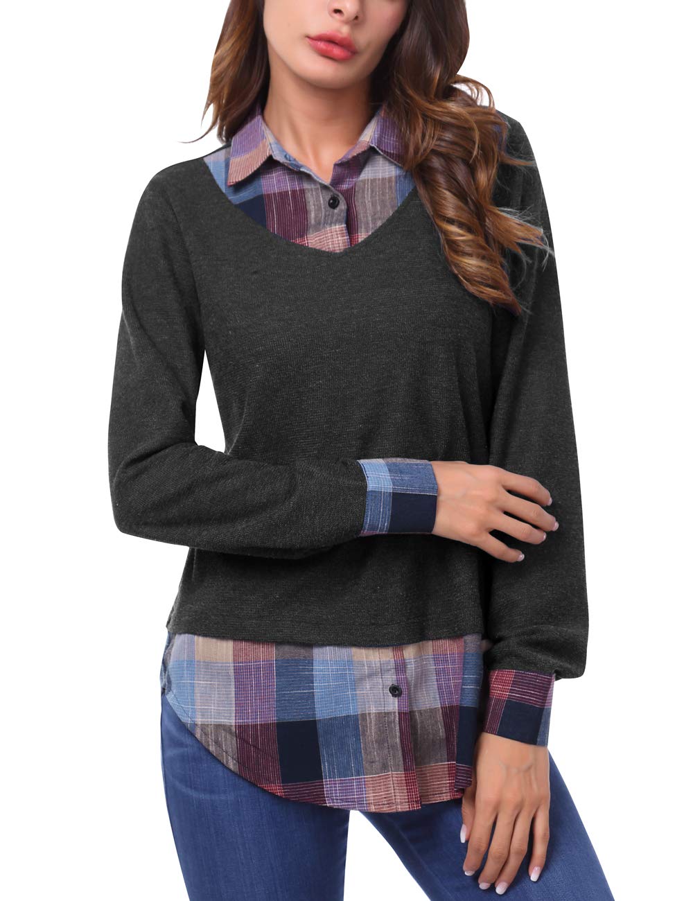 DJT Women's Contrast Plaid Collar 2 in 1 Blouse Tunic Tops