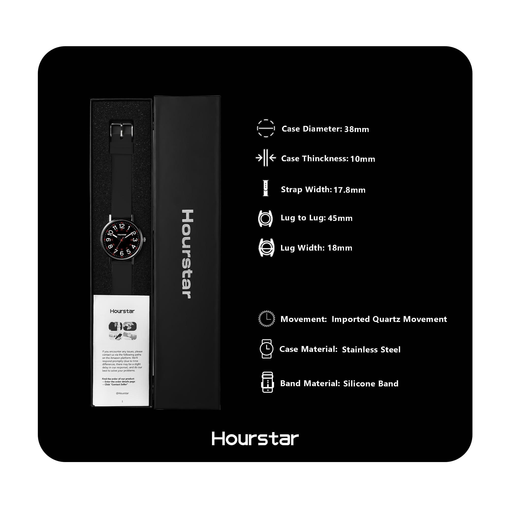 Reloj analógico de enfermera para mujer con segunda mano para enfermería, 12/24 horas, correa de silicona, fácil lectura (negro)