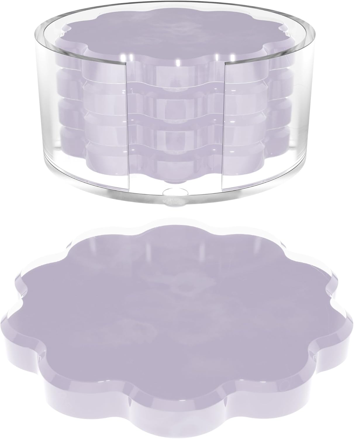 GRAHAM DESIGN Scalloped Acrylic Drink Coaster Set 4‑Pack with Holder – Light Purple Minimalist Beverage Coasters, Non‑Slip Table Protector, Modern Housewarming Gift