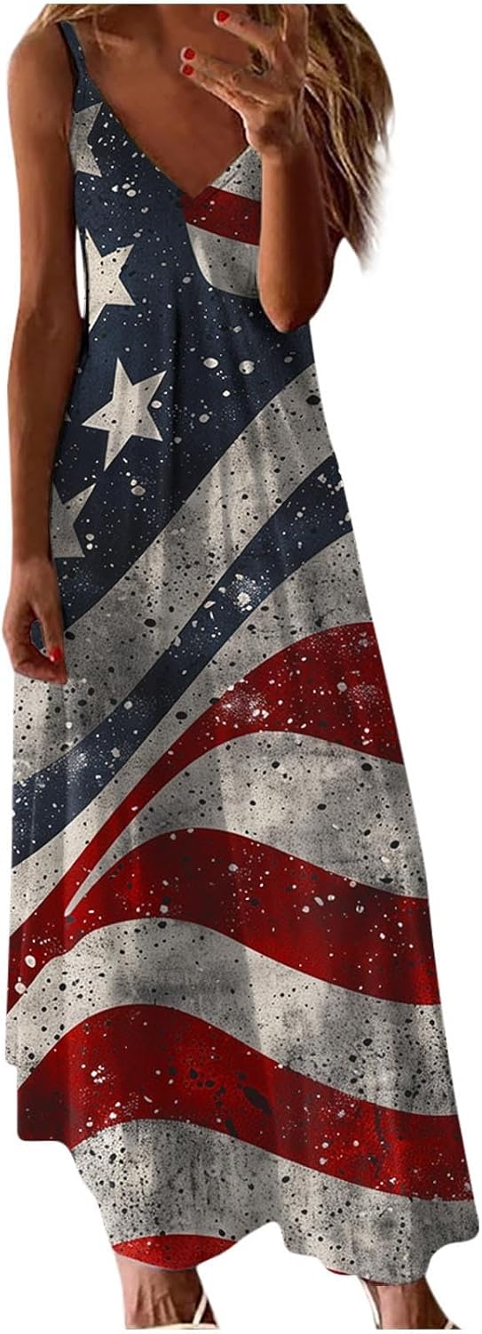 Fashion Abstract Flag Print Dress Women's V-Neck Sleeveless Maxi Dress Stylish Summer Spaghetti Strap Sundress 2025