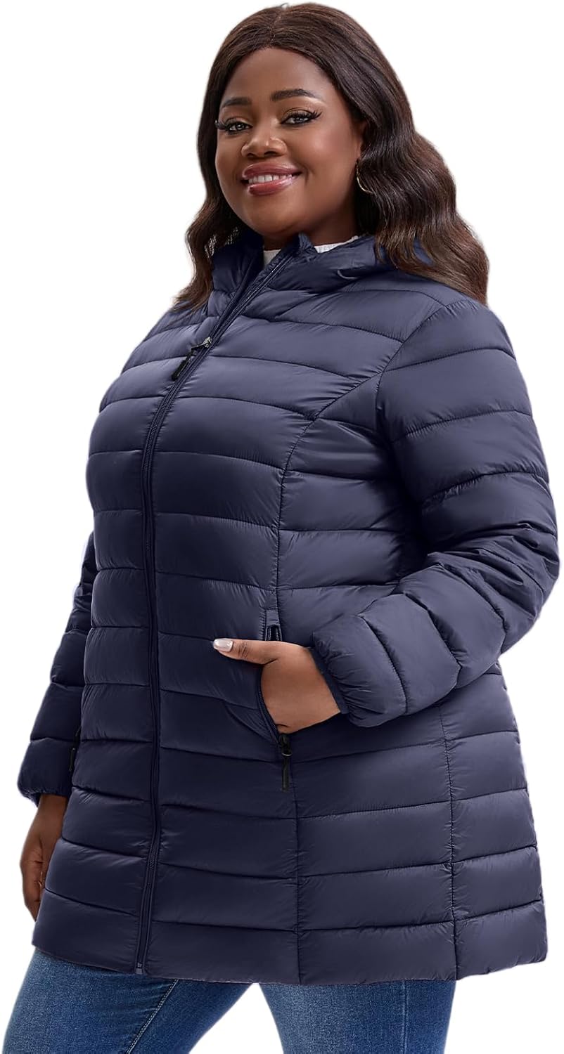 Women Plus Size Puffer Jacket 1X-7X Water-Resistant Mid-Length Winter Coat Lightweight Packable Puffer Coat - Image 2