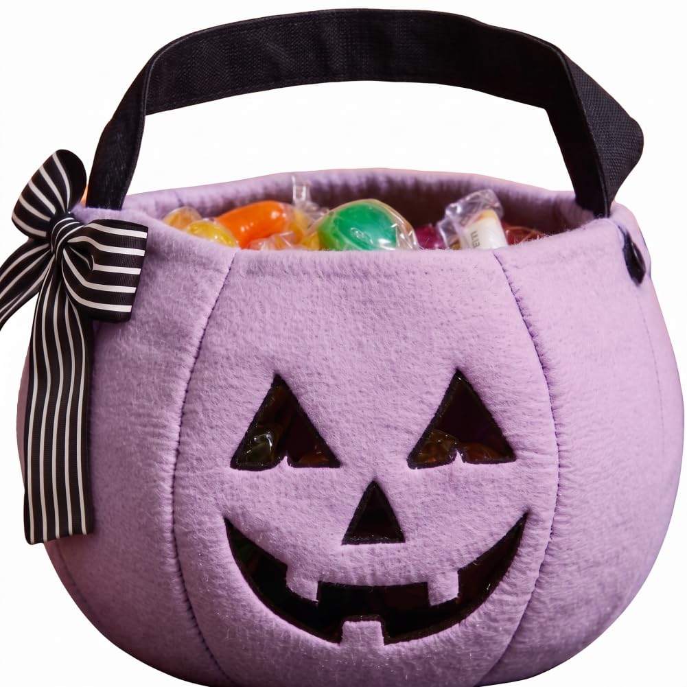 Imooreshine Halloween Basket, Trick Or Treat Bucket - Festive Pumpkin Design With Embroidery & Stripe Bow For Kids Purple